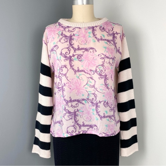 Insight Women's Striped Sleeve Floral Sweater Pink Size 4 - Picture 1 of 17